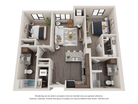 Floor plan for 2 beds, 2 baths